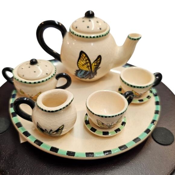 Butterfly Pattern Mini Tea Set Teapot Cream Sugar 2 Tea Cups with Saucers - Picture 1 of 10